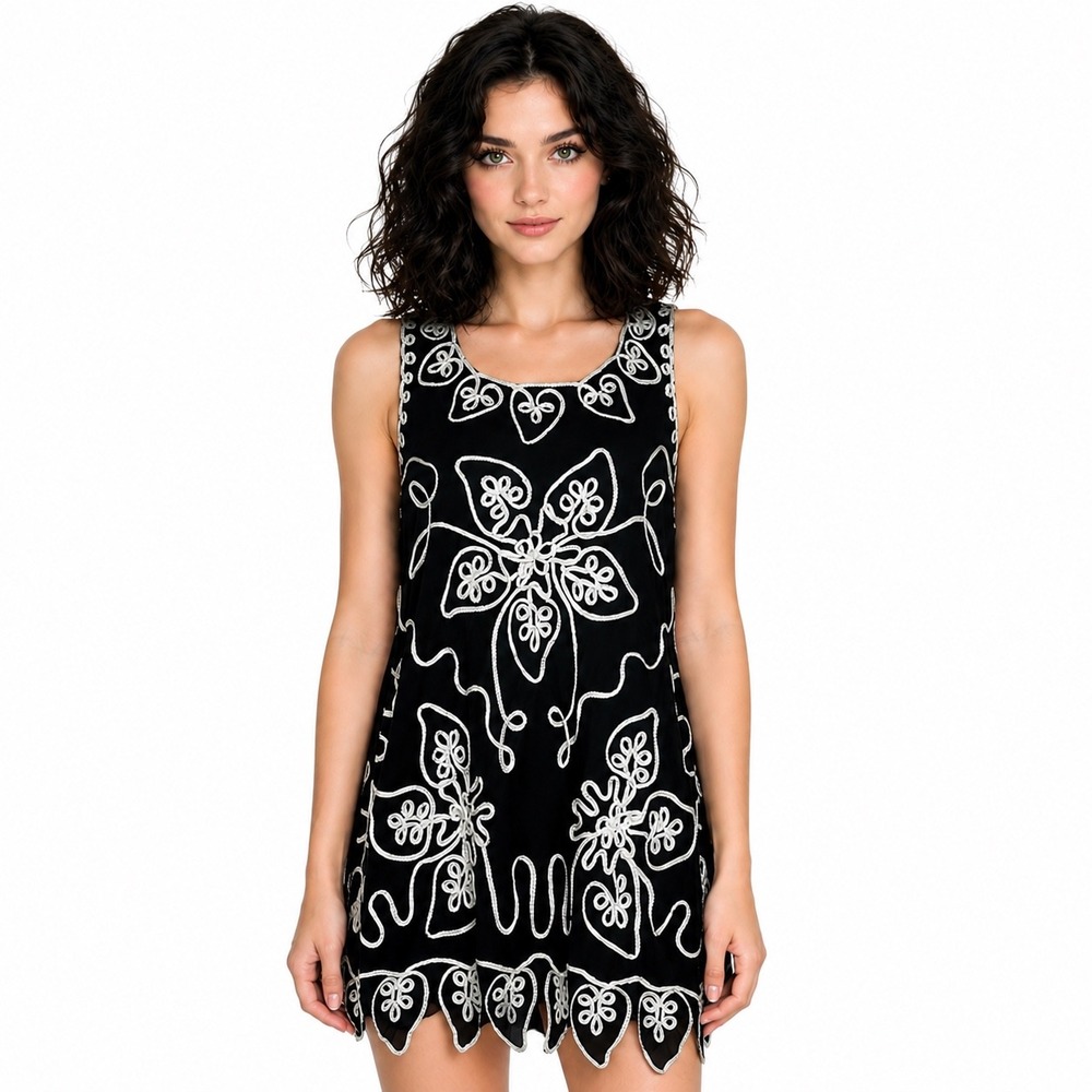 Pretty Angel Black Embroidered Floral Boho Mini Shift Dress Sleeveless L